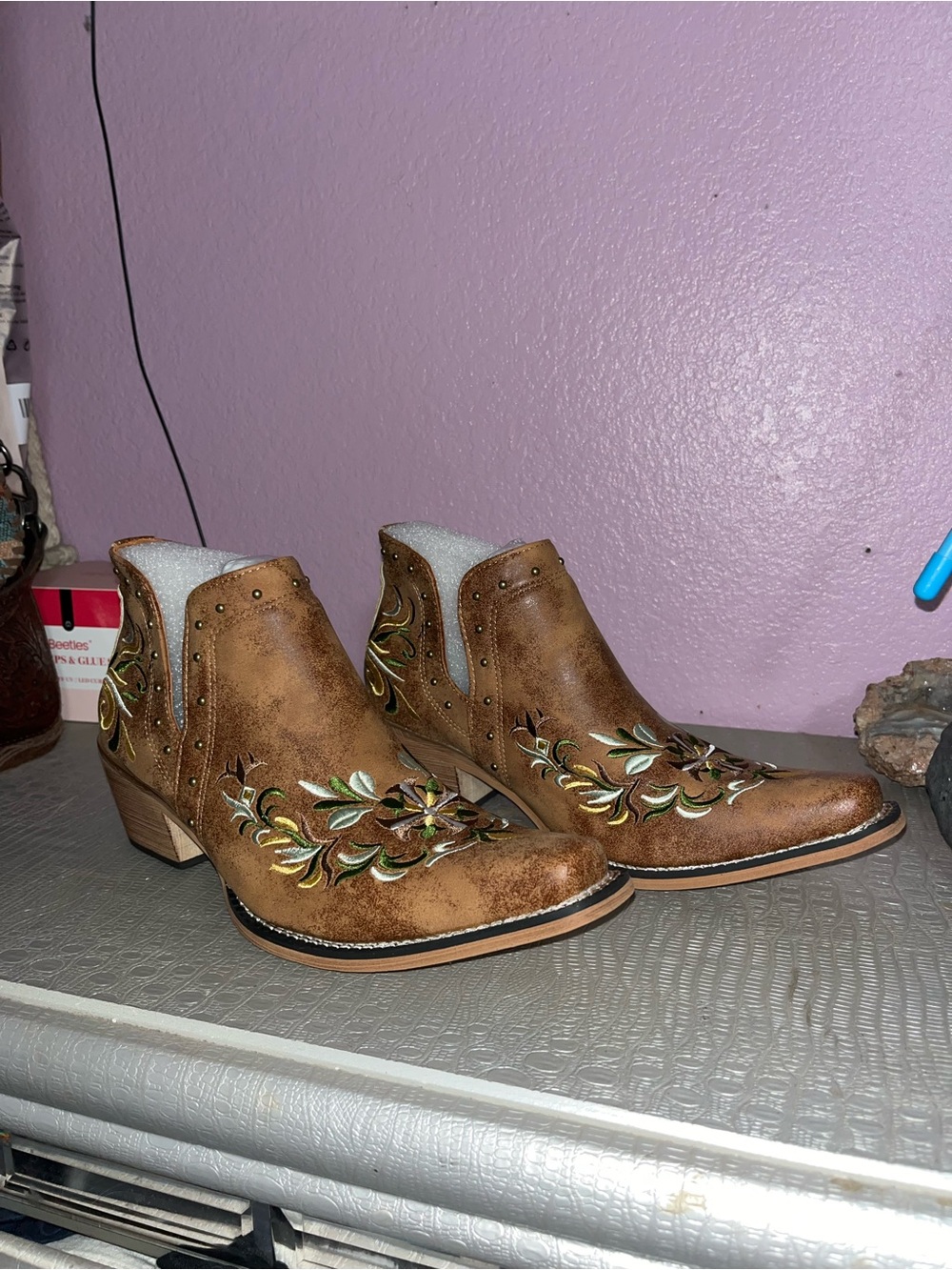 Amazon Brown Embroidered Western Ankle Booties